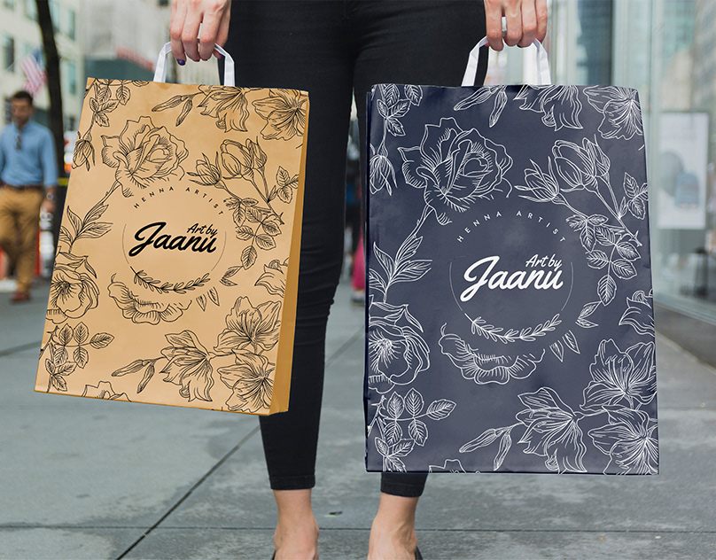 Art by Jaanu floral illustrated shopping bags in kraft and navy