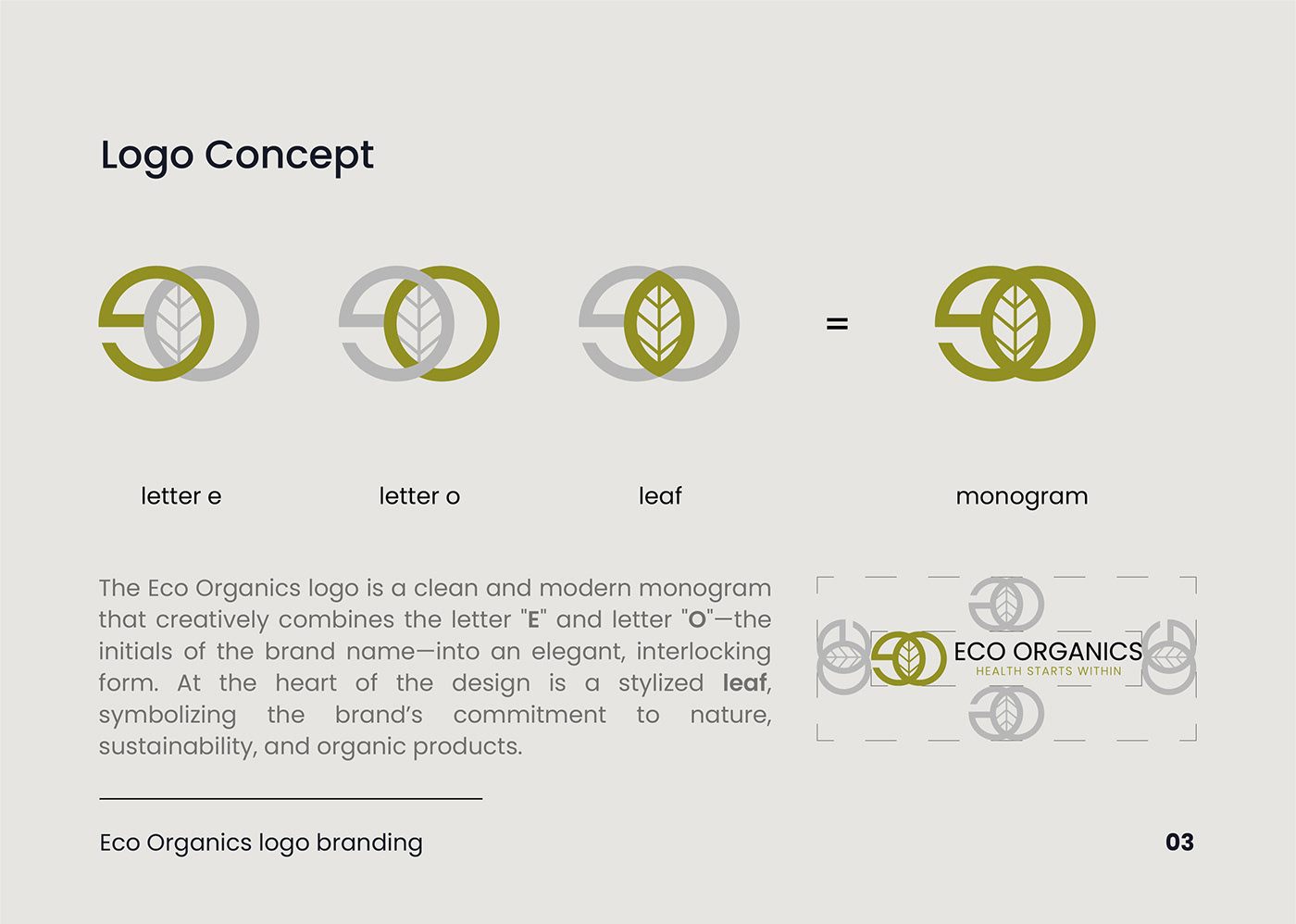 Eco Organics logo concept: letter e, letter o and leaf combine into a monogram