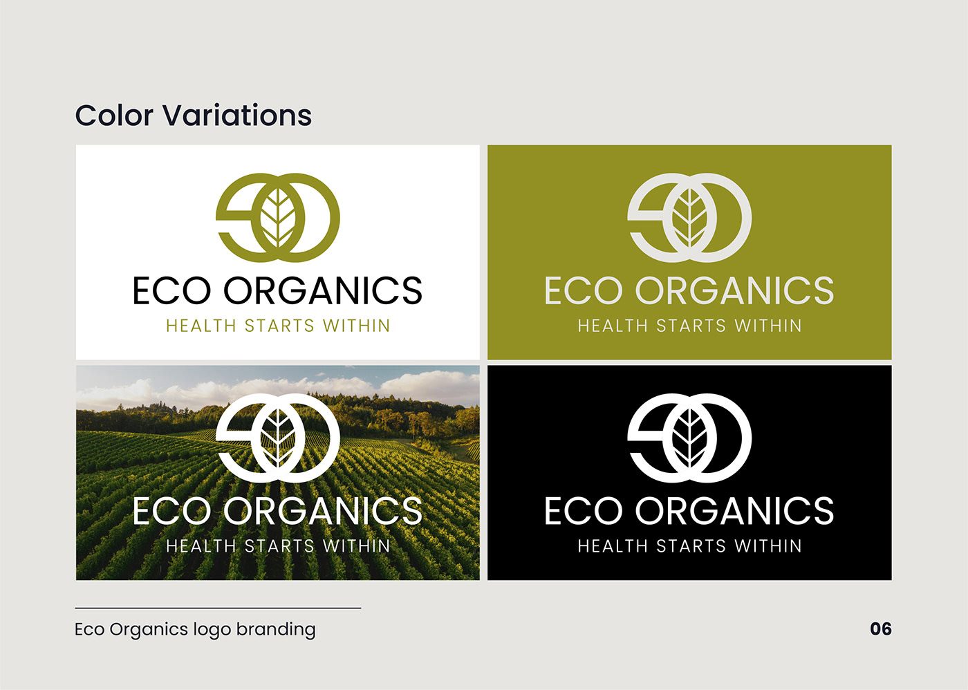 Eco Organics logo colour variations on white, olive, photo and black backgrounds