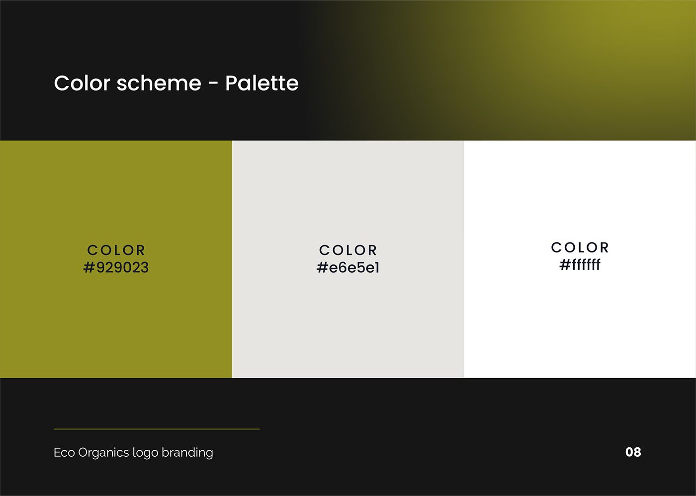 Eco Organics colour palette page with olive, warm grey and white