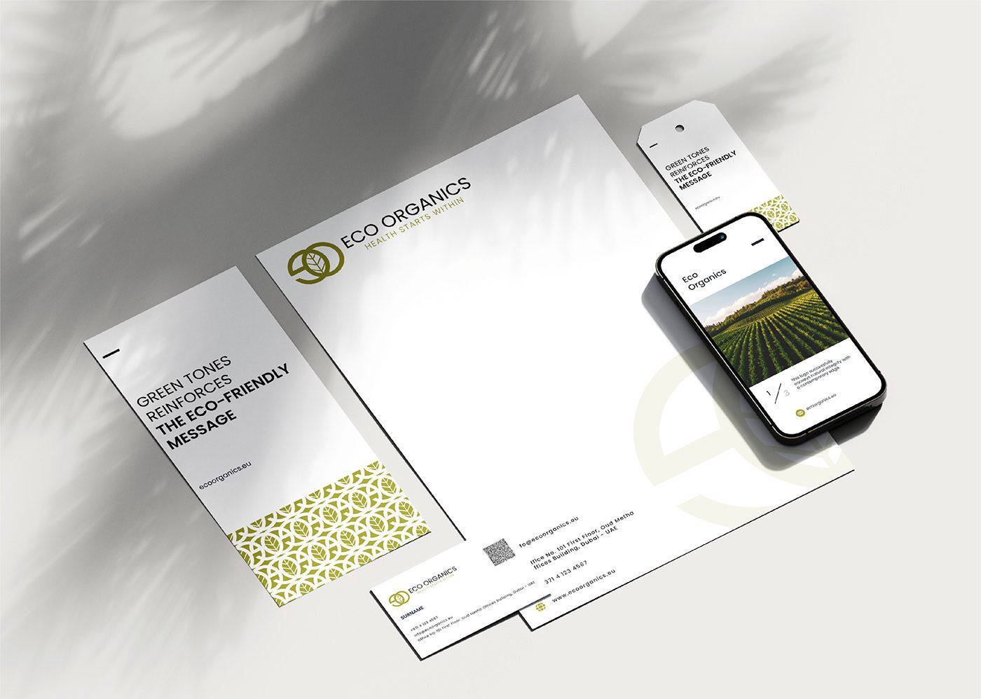 Eco Organics stationery and phone mockup