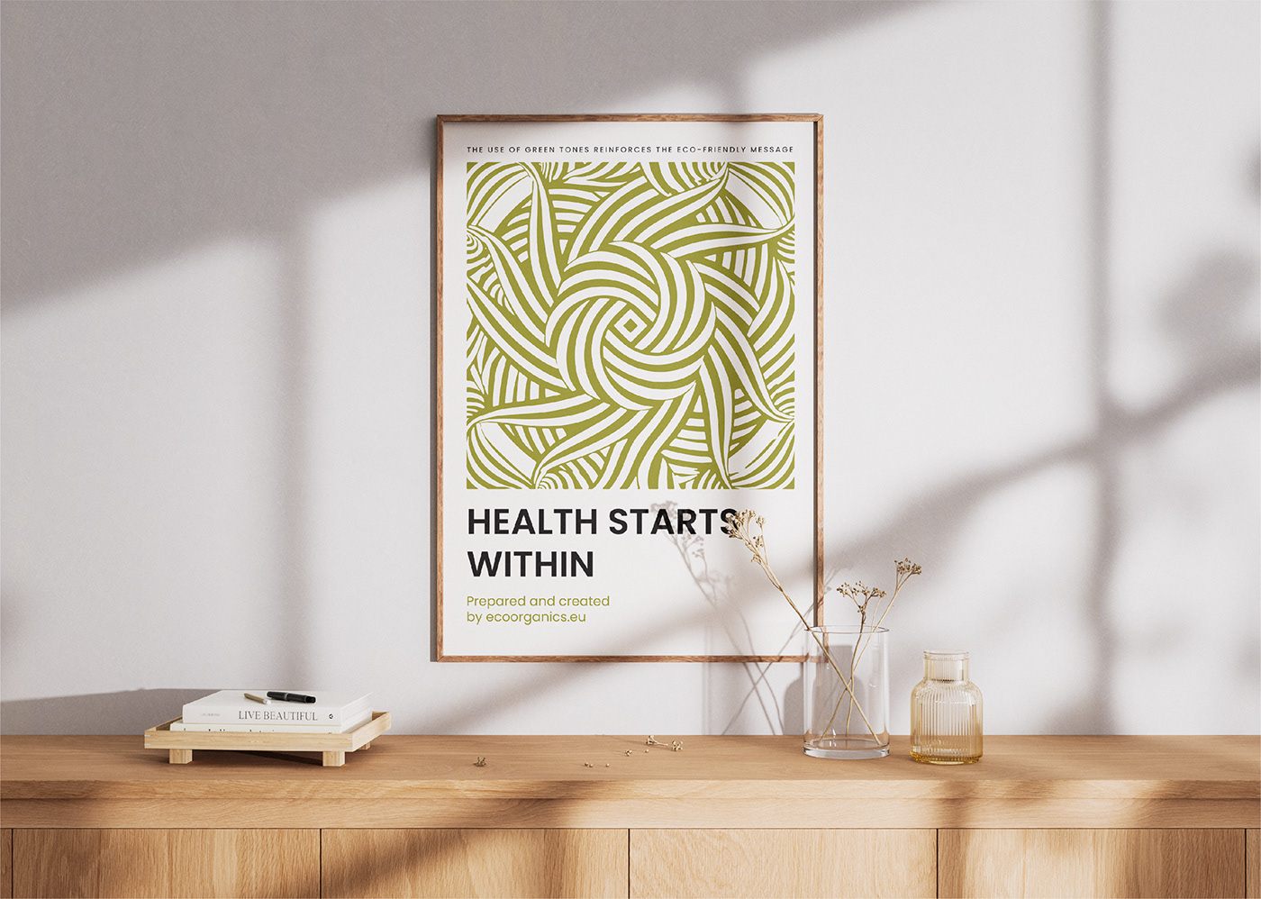 Health Starts Within framed poster on a shelf