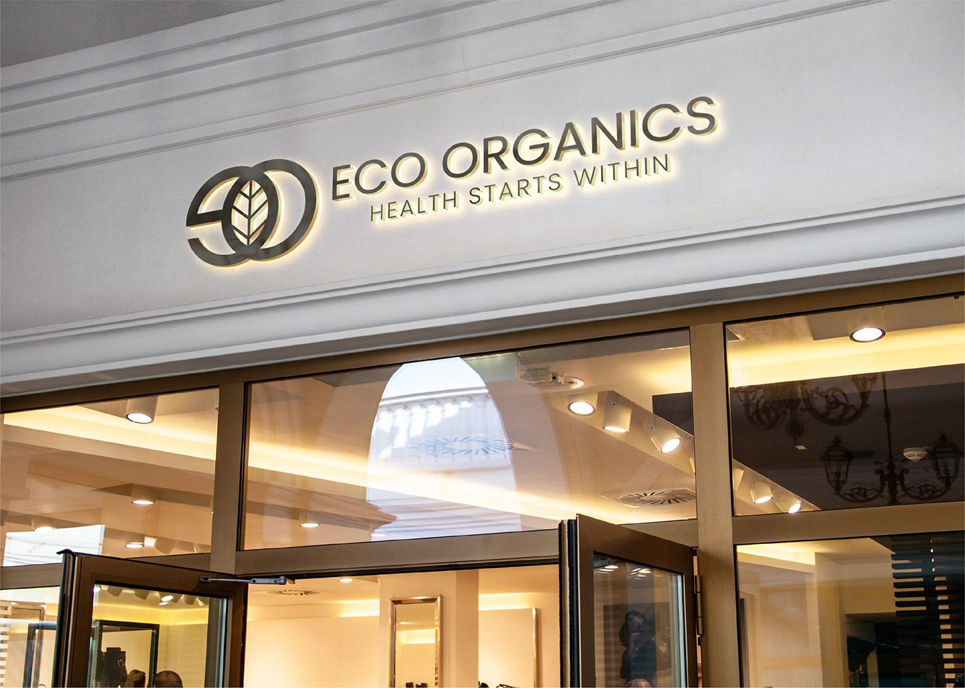 Eco Organics illuminated logo signage on a shopfront