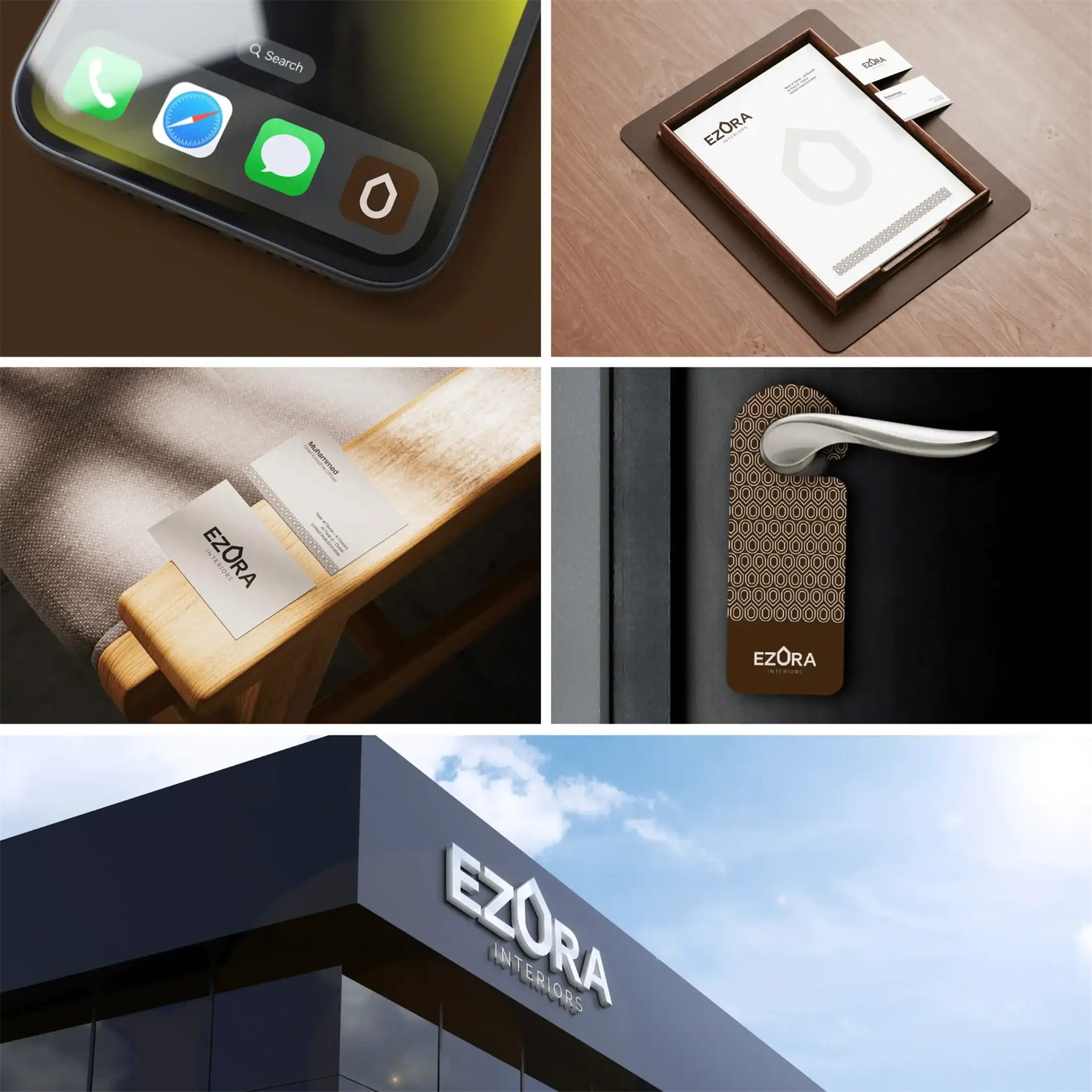 Brand applications on a phone screen, key card, door hanger, product tag and building fascia