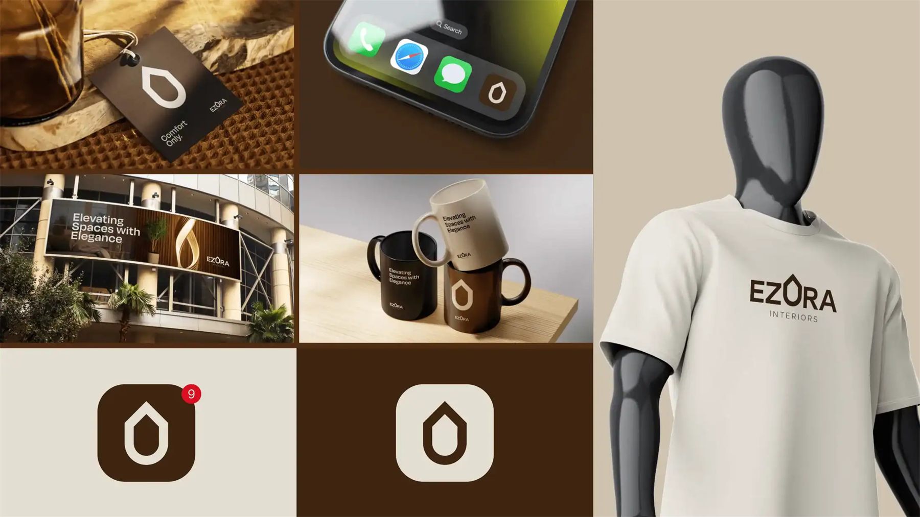 Brand identity applications on a hang tag, app icon, billboard, mugs and t-shirt