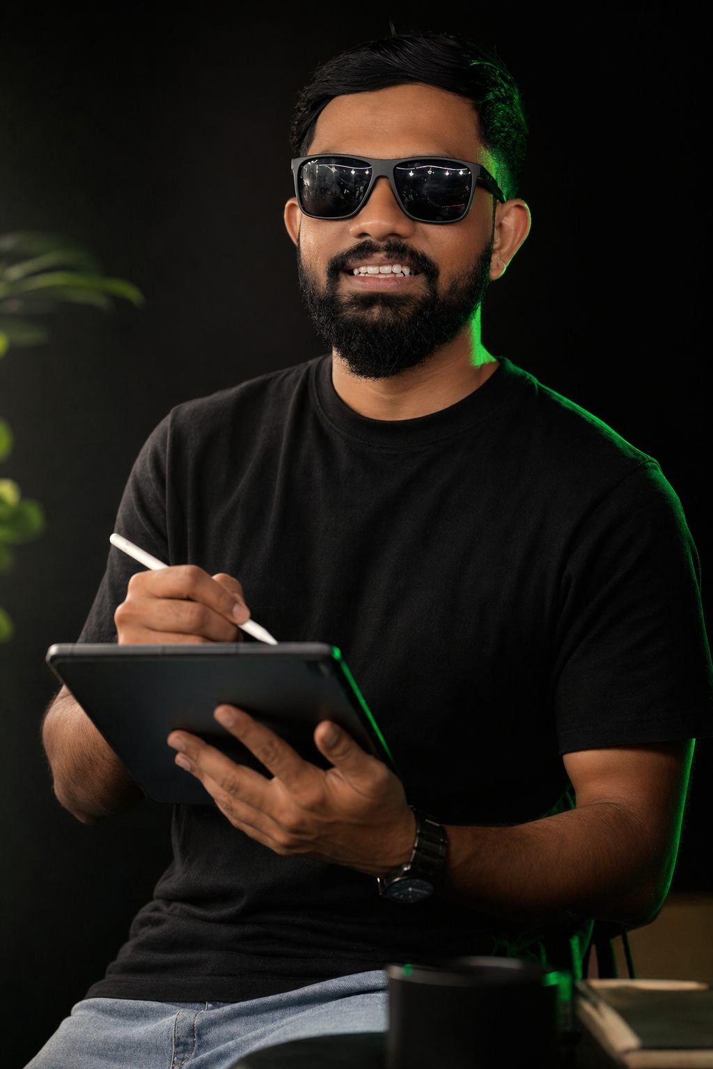 Portrait of Faaeq Fawz, graphic designer in Dubai, sketching on a tablet