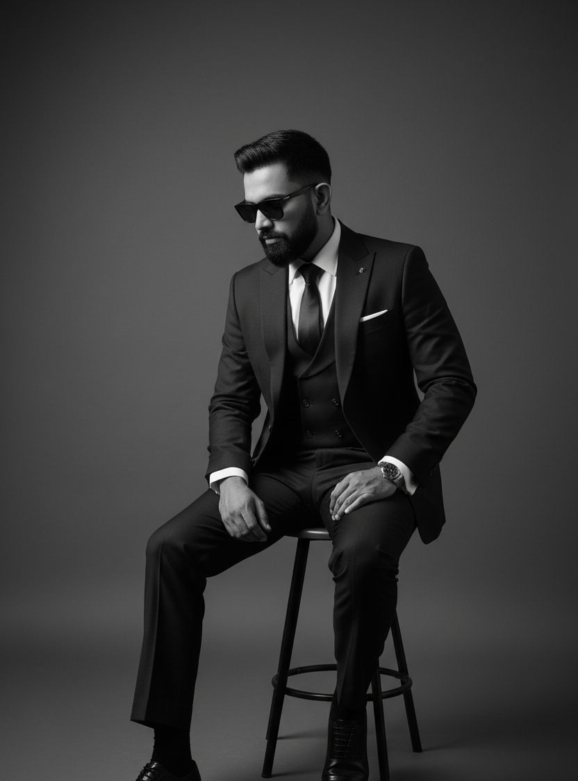 Black and white studio portrait of Faaeq Fawz seated on a stool in a tailored suit