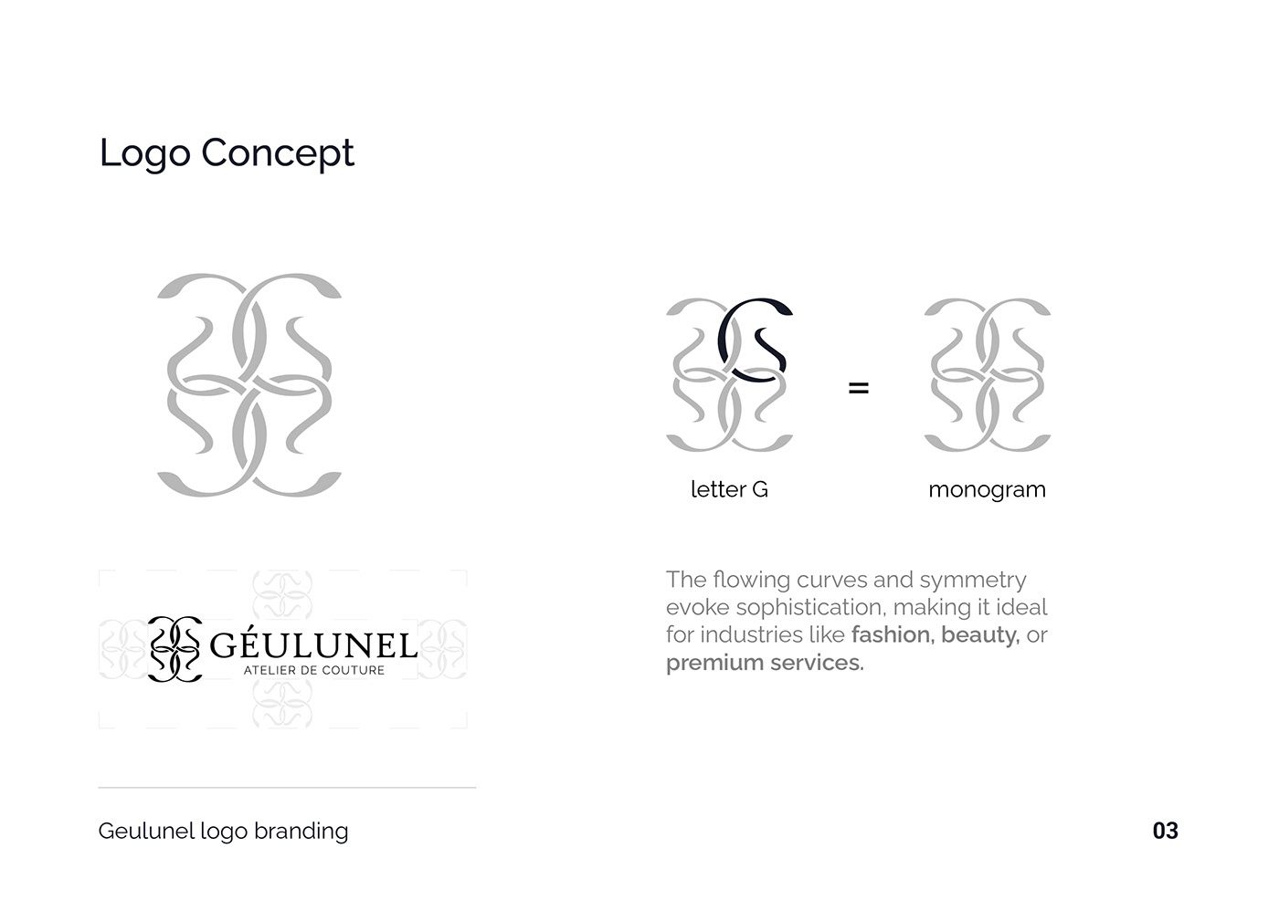 Géulunel logo concept showing how the letter G forms the monogram