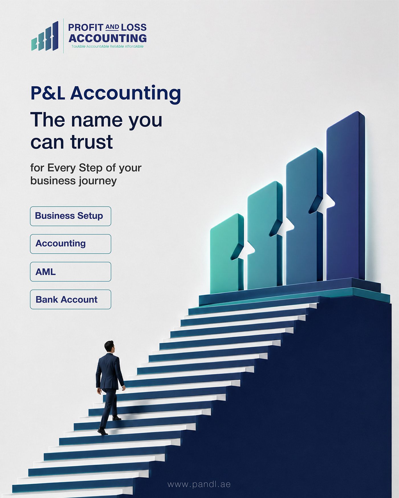 P&L Accounting social post with businessman climbing stairs to bar chart