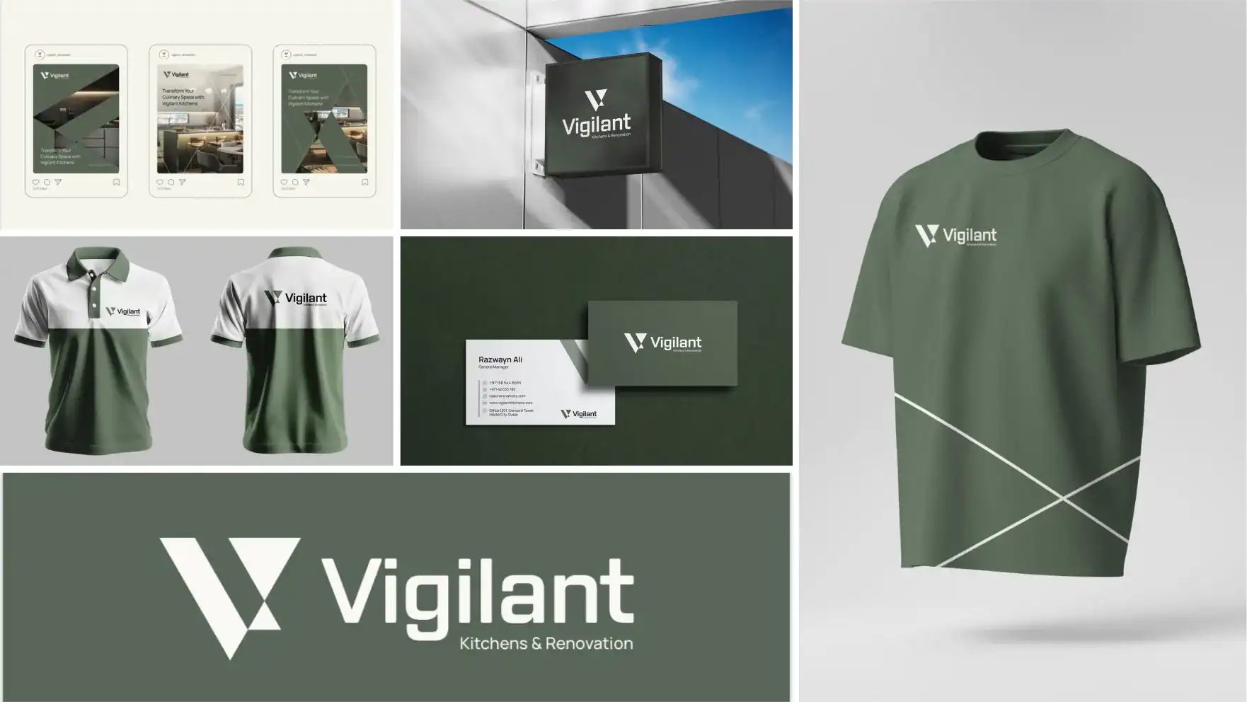 Brand identity on uniforms, signage, business cards and social posts