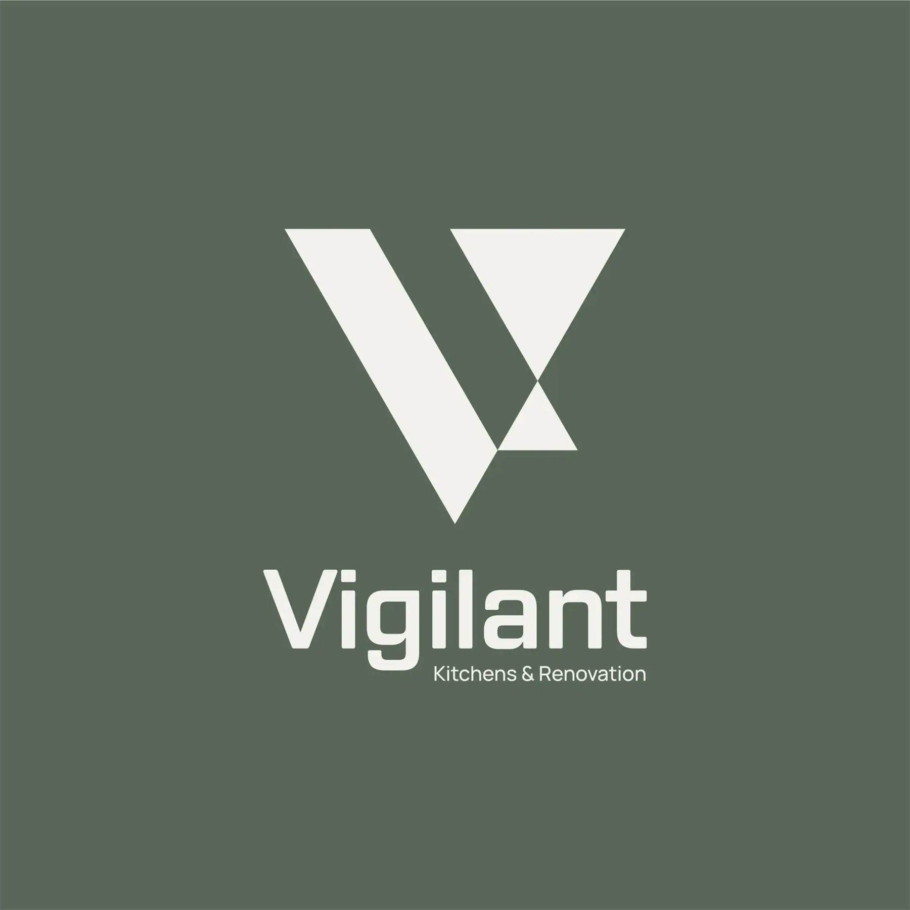 Monogram logo in off-white on a muted green background