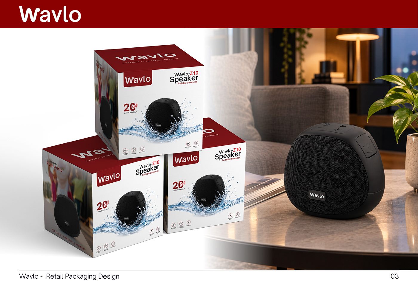 Wavlo speaker packaging and product shot