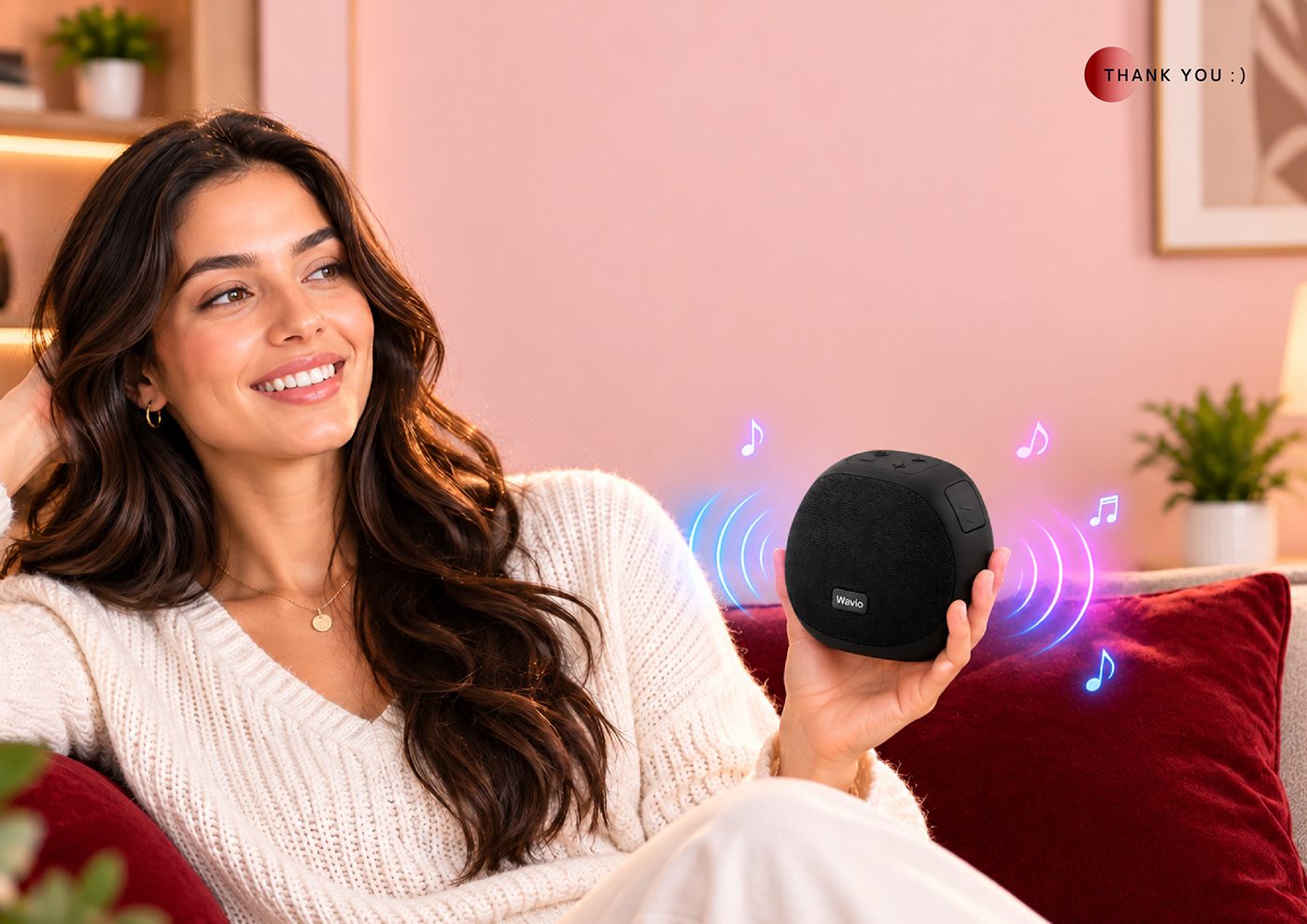 Woman smiling on a sofa holding the Wavlo portable speaker